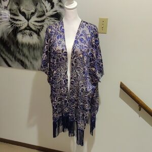 Navy and Cream Lace Floral Kimono with Fringe